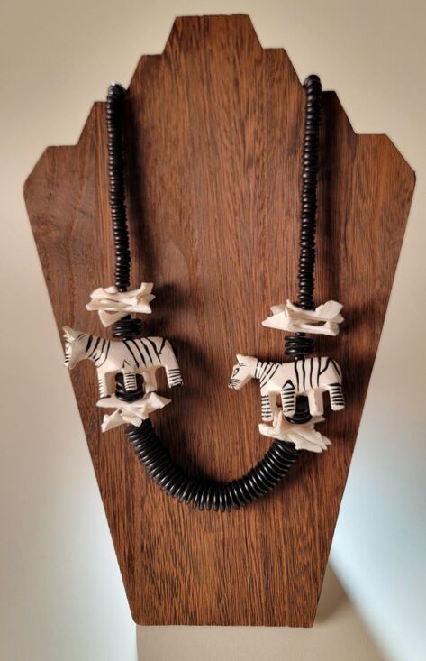 Zebra Jewelry - Vintage Hand Carved African Zebra Necklace Black Wood Bead White Shell Tribal